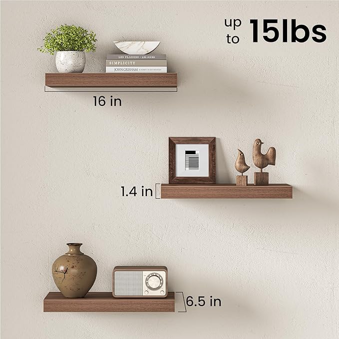Fun Memories 16 Inch Floating Shelves Wall-Mounted, Engineered Wood Wall Shelves - Image 3