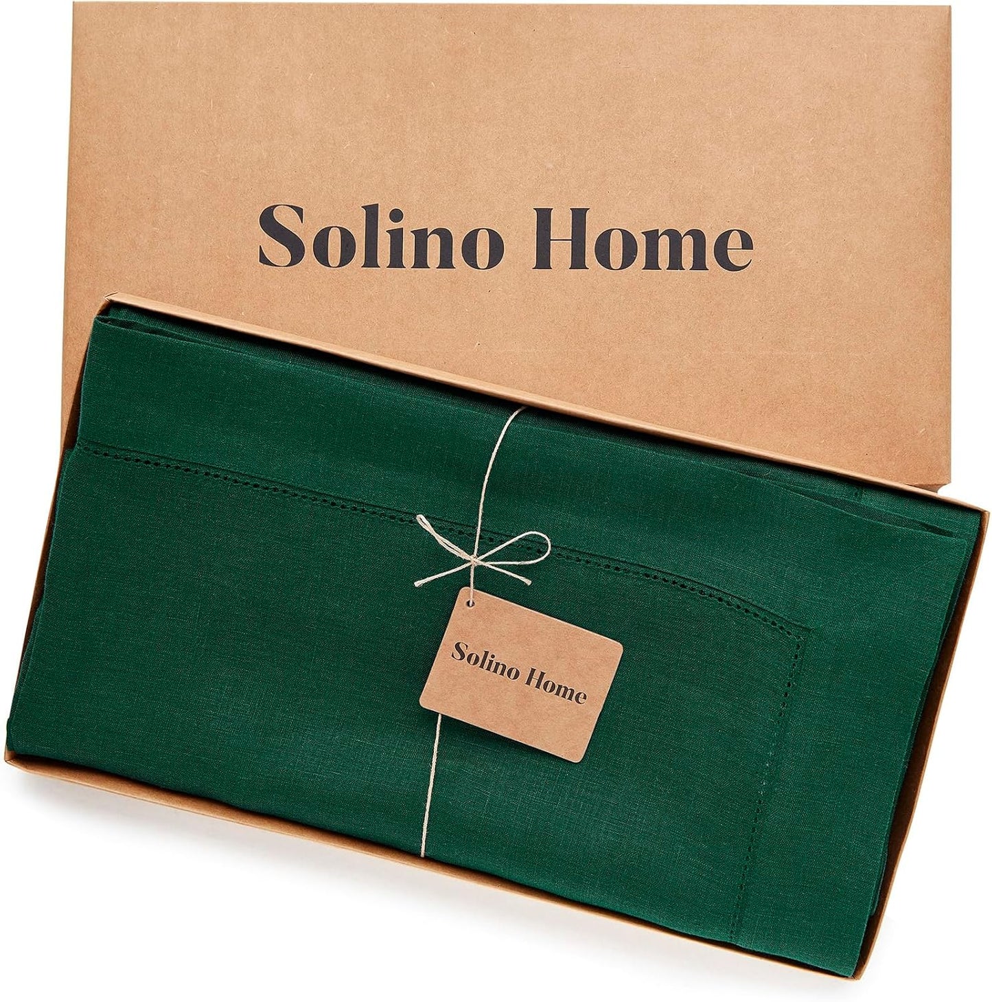 Solino Home Linen Tablecloth for Rectangle Tables 60 x 132 Inch - Classic Hemstitch 100% Pure Linen Rainforest Green Table Cloth - Machine Washable Cloth Tablecloth for Fall, Autumn, Thanksgiving