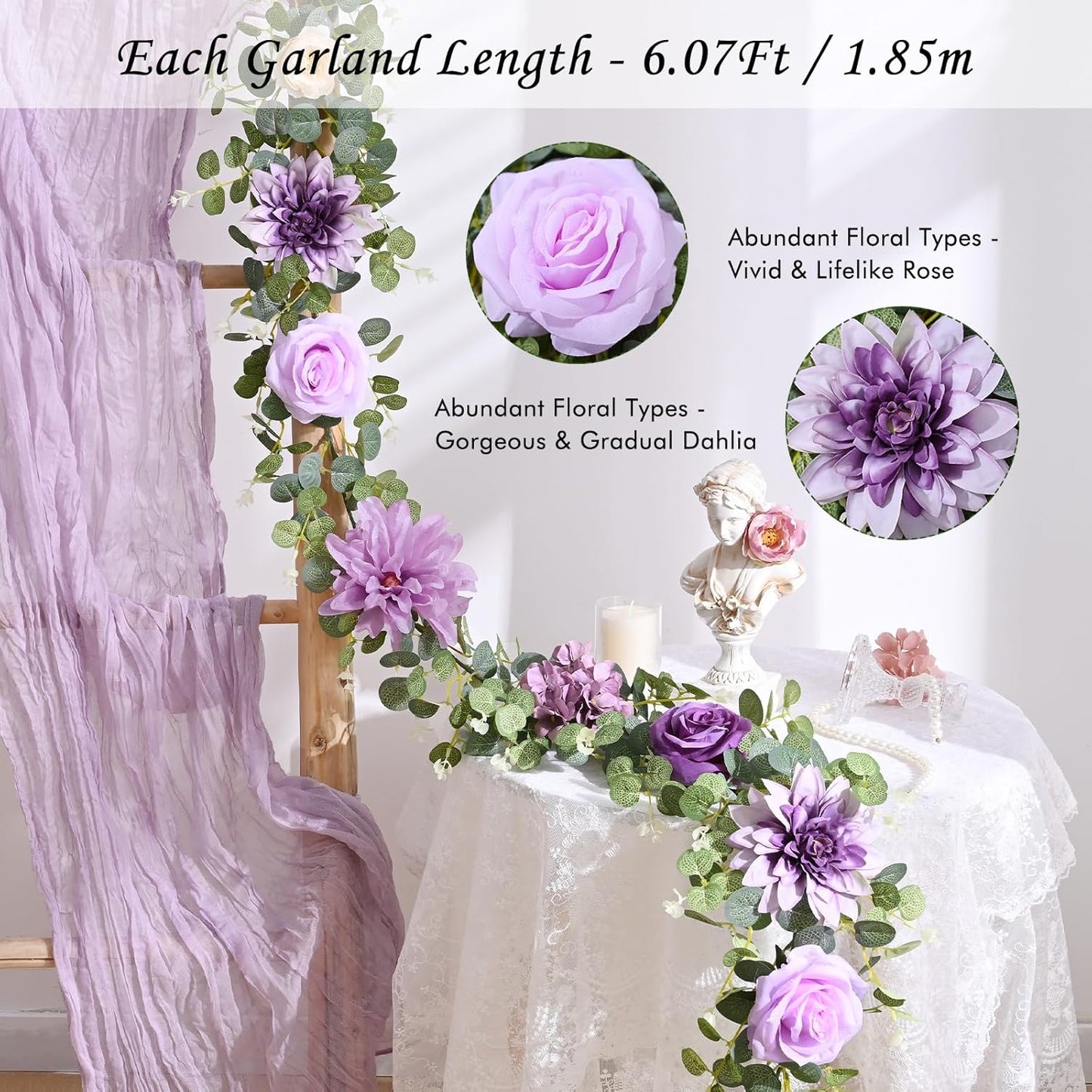 Waipfaru Flower Garland, 6.07Ft Eucalyptus Garland with Flowers, Silk Rose Floral Vines for Wedding Reception Table Mantle Decor (Purple)