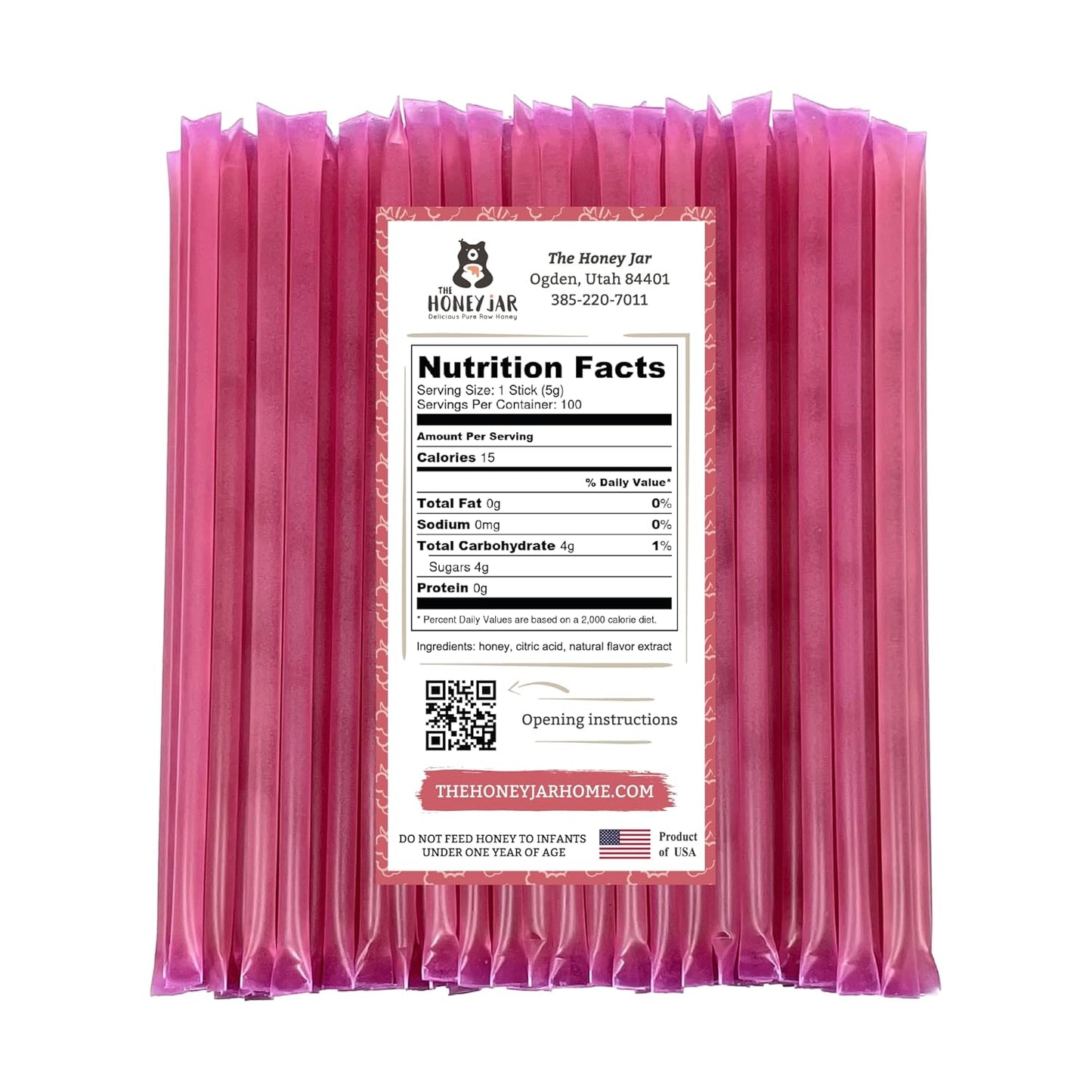 The Honey Jar Raspberry Flavored Honey Sticks - Pure Honey Straws For Tea, Coffee, or a Healthy Treat - One Teaspoon of Flavored Honey Per Stick - Made In The USA with Real Honey - (100 Count)