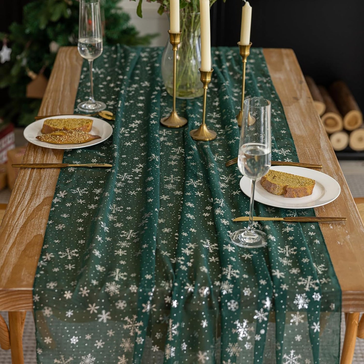 Silvery Snowflake Metallic Print Tulle Christmas Table Runner, Seasonal Winter Kitchen Dining Table Decoration for Home Party Decor 35x120 Inch (Green)