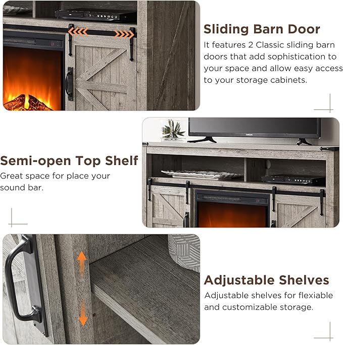 OKD Fireplace TV Stand for 65+ Inch TV, Rustic Media Console w/Sliding Barn - Image 3