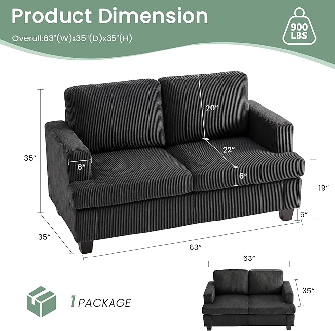 YOUDENOVA 63” Corduroy Loveseat Sofa Couch - Image 2
