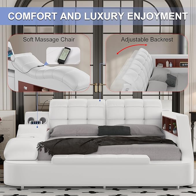 Luxury Smart King Bed Frame, Leather Headboard/Strong Wooden Slats - Image 6