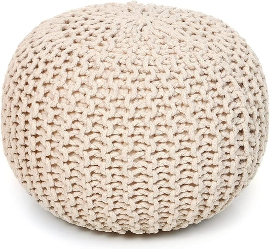 REDEARTH Round Pouf Ottoman –18"x18"x14" Hand-Knitted Cotton Pouffe –Cable by REDEARTH