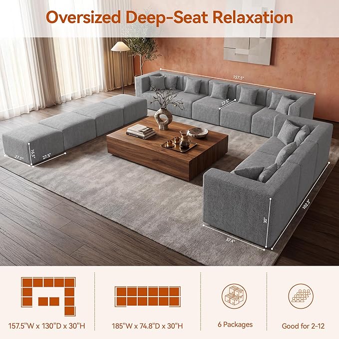 MONVANE Modular Sectional Sofa, Oversized 12 Seat Convertible U Shaped Couch - Image 3