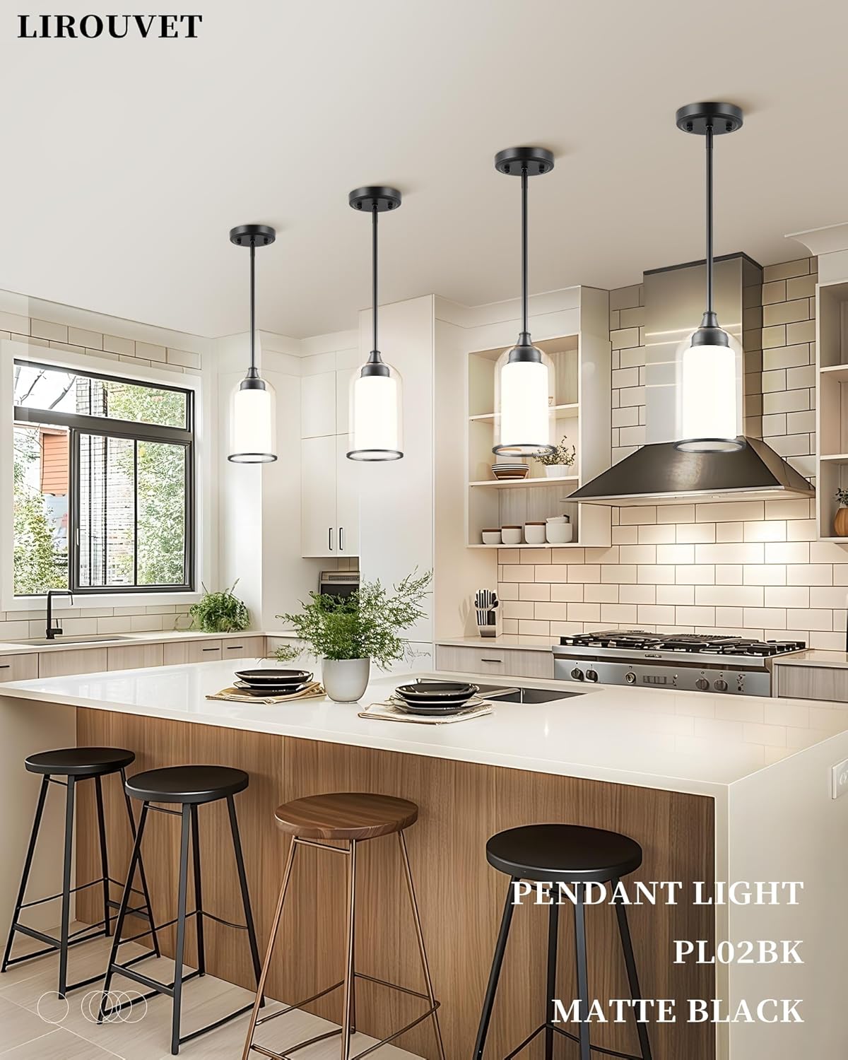 LIROUVET Black Pendant Light Fixtures - Dual Glass Hanging Light, 1-Light Pendant Lights with Clear and Milk Glass, Industrial Pendant Lighting for Kitchen, Dining Room, PL02BK-N