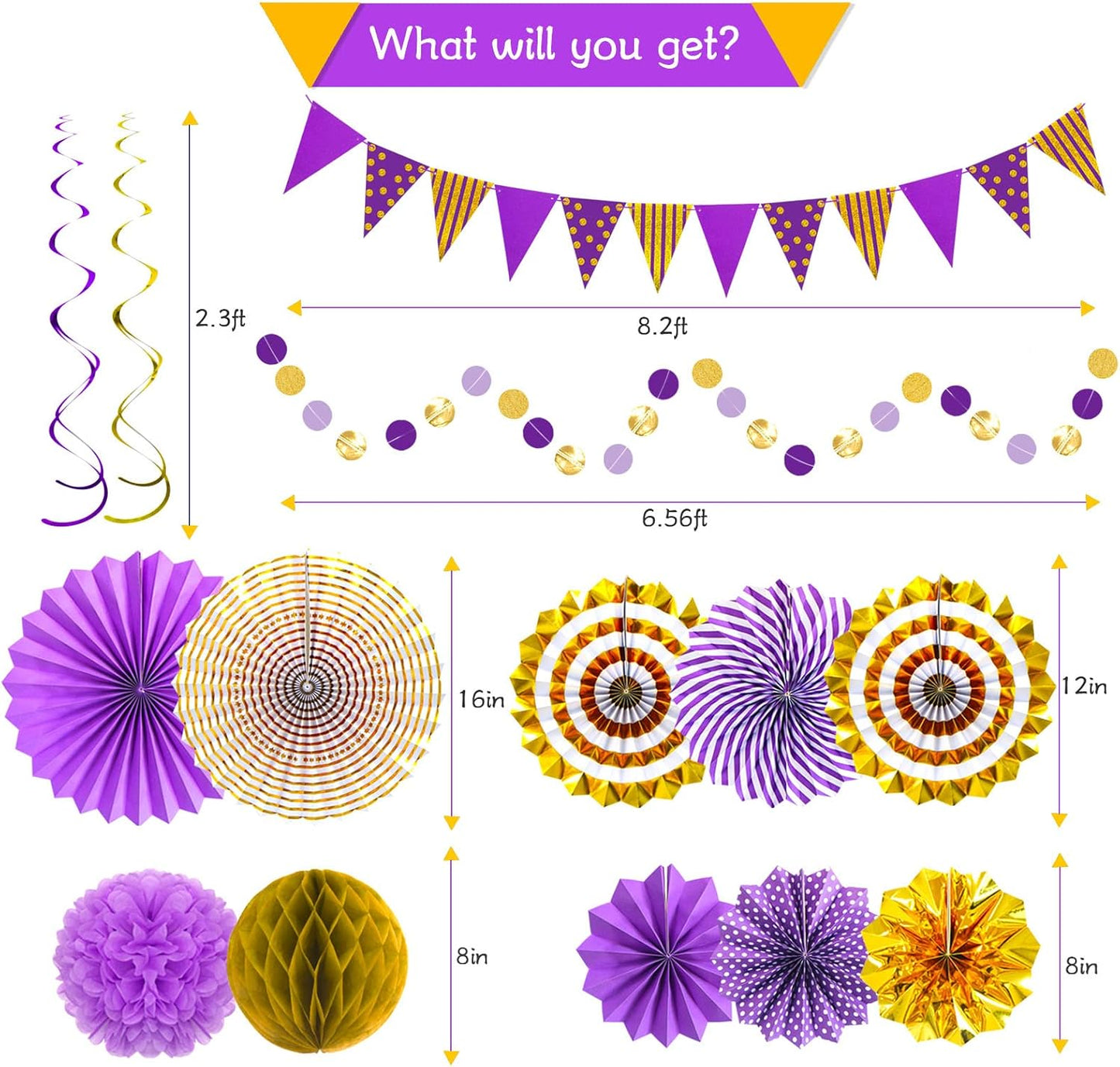 Purple Gold Party Decorations Paper Fans, Graduation Season Hanging Glitter Triangle Flags Banner Hanging Paper Fan Happy Birthday Banners and Triangular Flag, Bridal Shower,Purple Themed Birthday