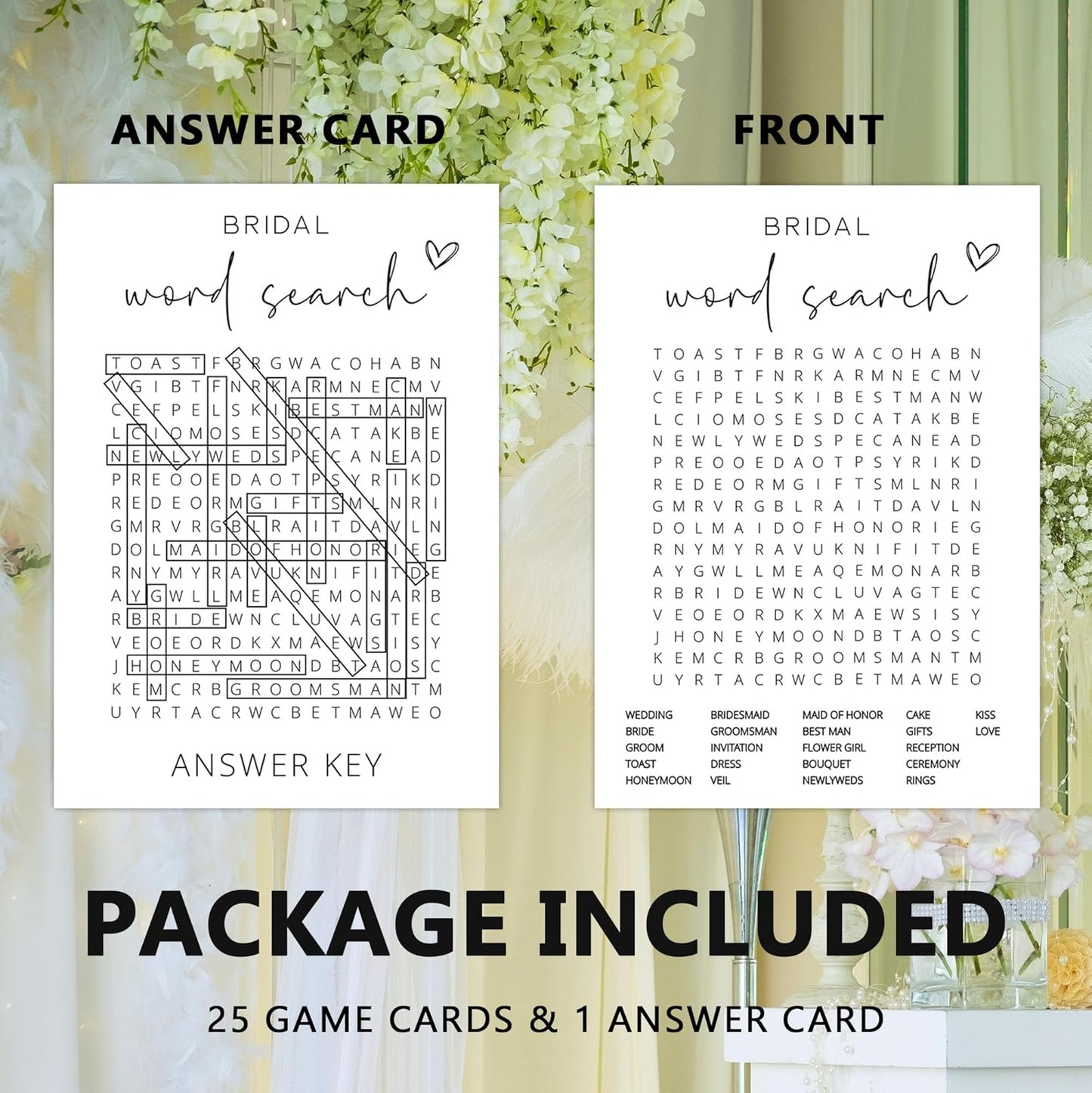 Bridal Shower Games, Word Search, 25Pcs Minimalist White Double-Sided Bridal Game Cards with 1 Answer Key, Wedding Shower Games for Guests, Engagement Bachelorette Party Supplies - A05