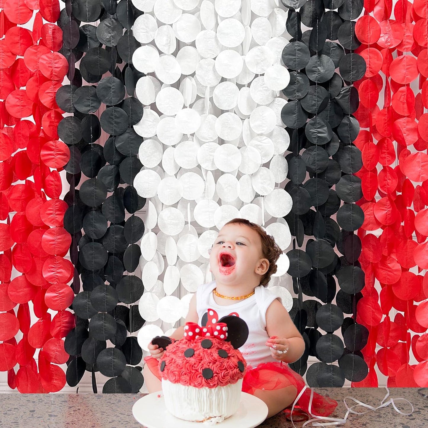 192Ft Red Black White Party Decorations Big Circle Dots Backdrop Streamer Garland for Graduation Birthday Bachelorette Engagement Baby Shower Wedding Las Vegas Casino Poker Pirate Party Supplies