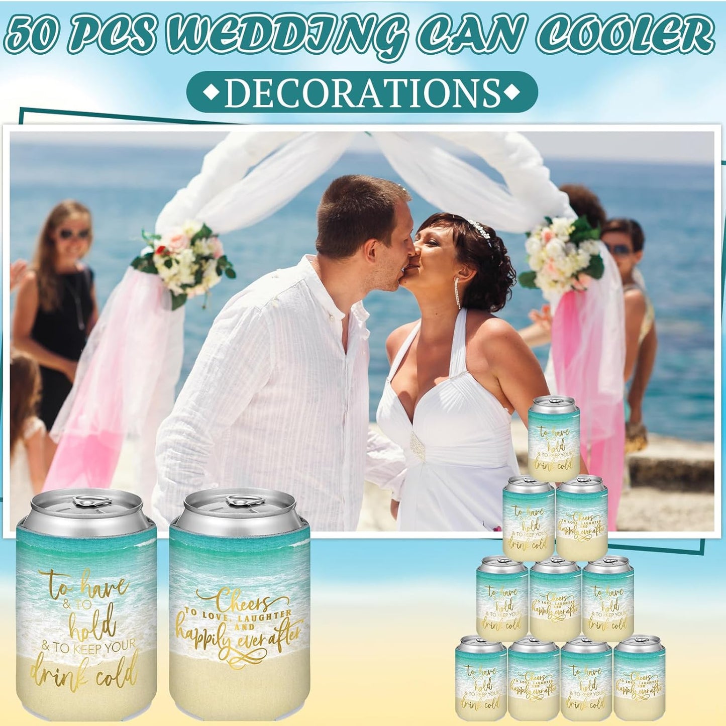 50 Pieces Beach Theme Wedding Can Cooler Bulk Engagement Party Favors for Guests Cheers to Love Laughter and Happily Ever After Rehearsal Dinner Decorations for Wedding Bridal Party