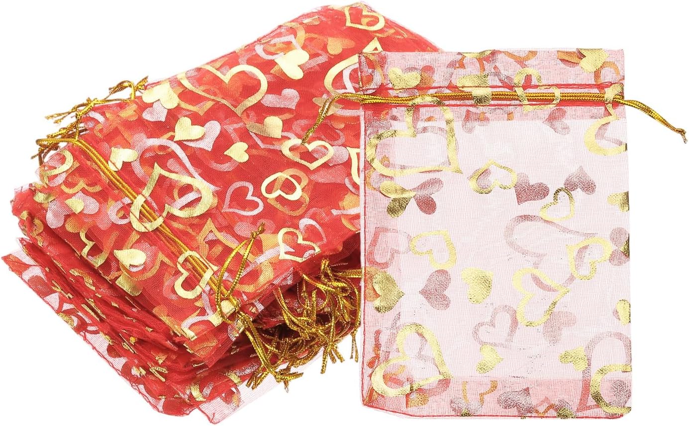 PATIKIL 100 Pcs 4x6 Inch Heart Printed Organza Bags, Red Sheer Heart Organza Bags with Drawstring for Christmas Candy Jewelry Party Wedding Favor Gift
