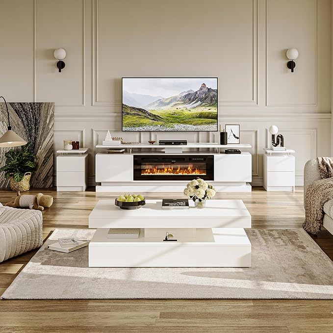4-Piece Modern Living Room Table Set, Includes High Gloss 70" Fireplace TV Stand - Image 2