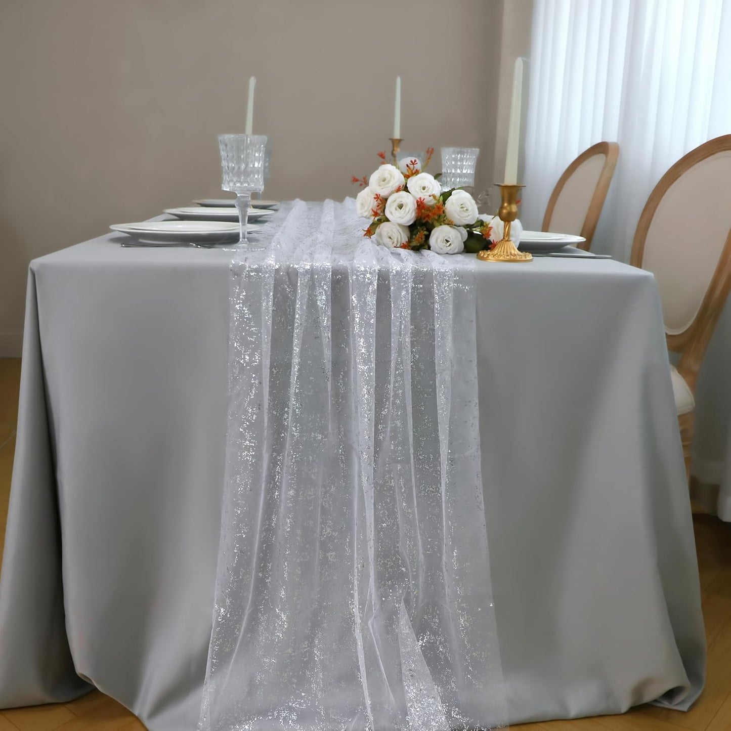 Snowkingdom 10 FT White Silver Cheesecloth Table Runner, Sequin Metallic Foil Sheer Chiffon Gauze, Glitter Silver Party Table Decoration Centerpieces for Wedding Birthday Bridal Baby Shower Christmas