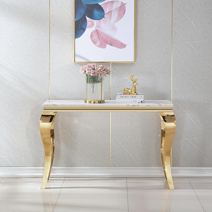 Henf 47" Marble Console Table Entryway Table Modern White Faux Marble Accent - Image 3