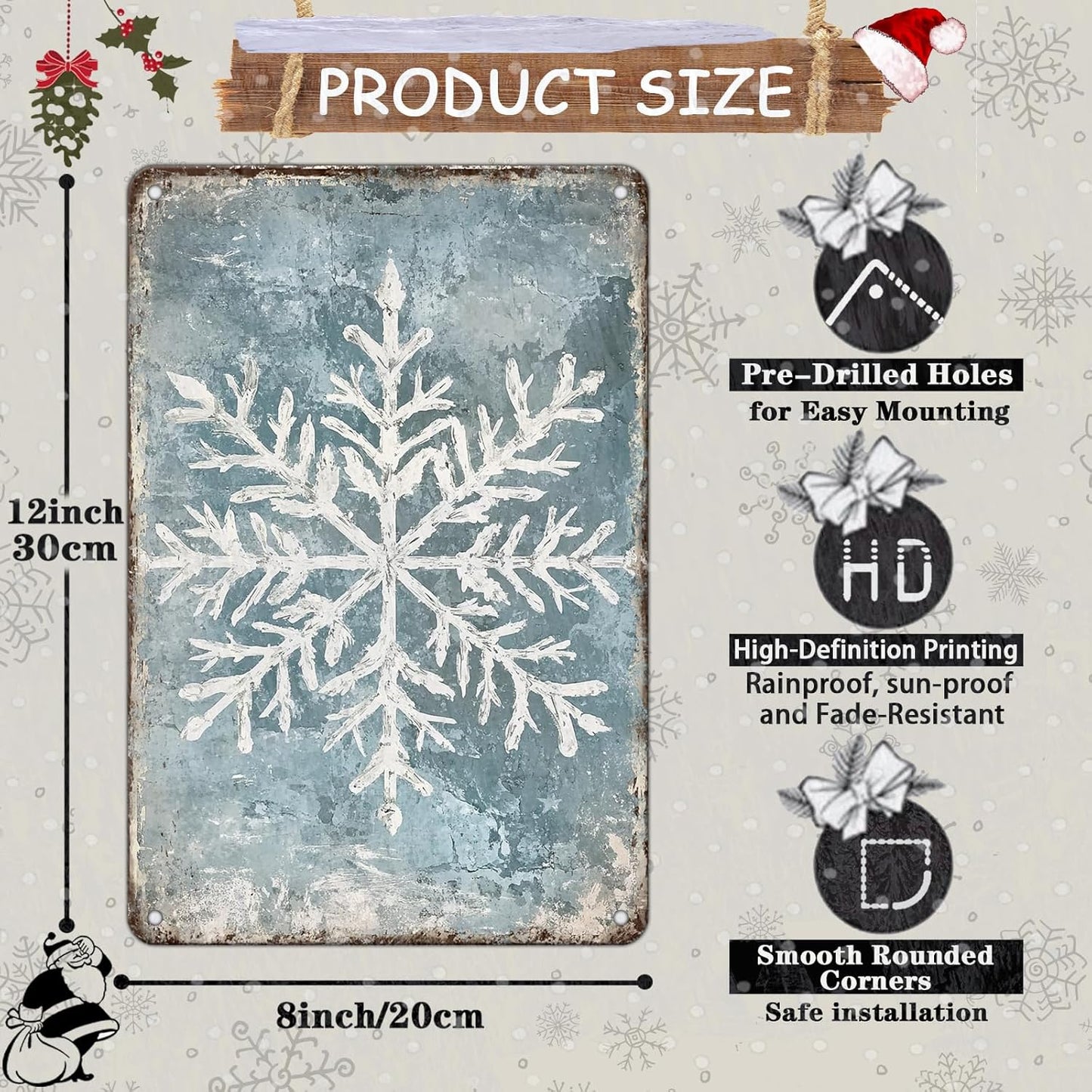 Vintage Christmas Tin Sign - Winter Snowflakes Metal Tin Sign - Wall Decor Sign for Outdoor Snowflake Christmas Decoration - 8x12Inch