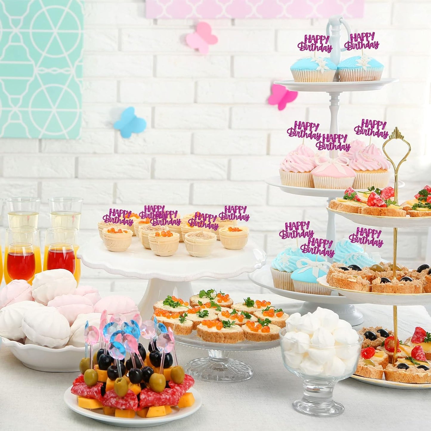 Gyufise 24Pcs Happy Birthday Cupcake Toppers Glitter Birthday Cupcake Food Picks for Celebrating Purple Theme Party Cake Decorations Supplies Purple