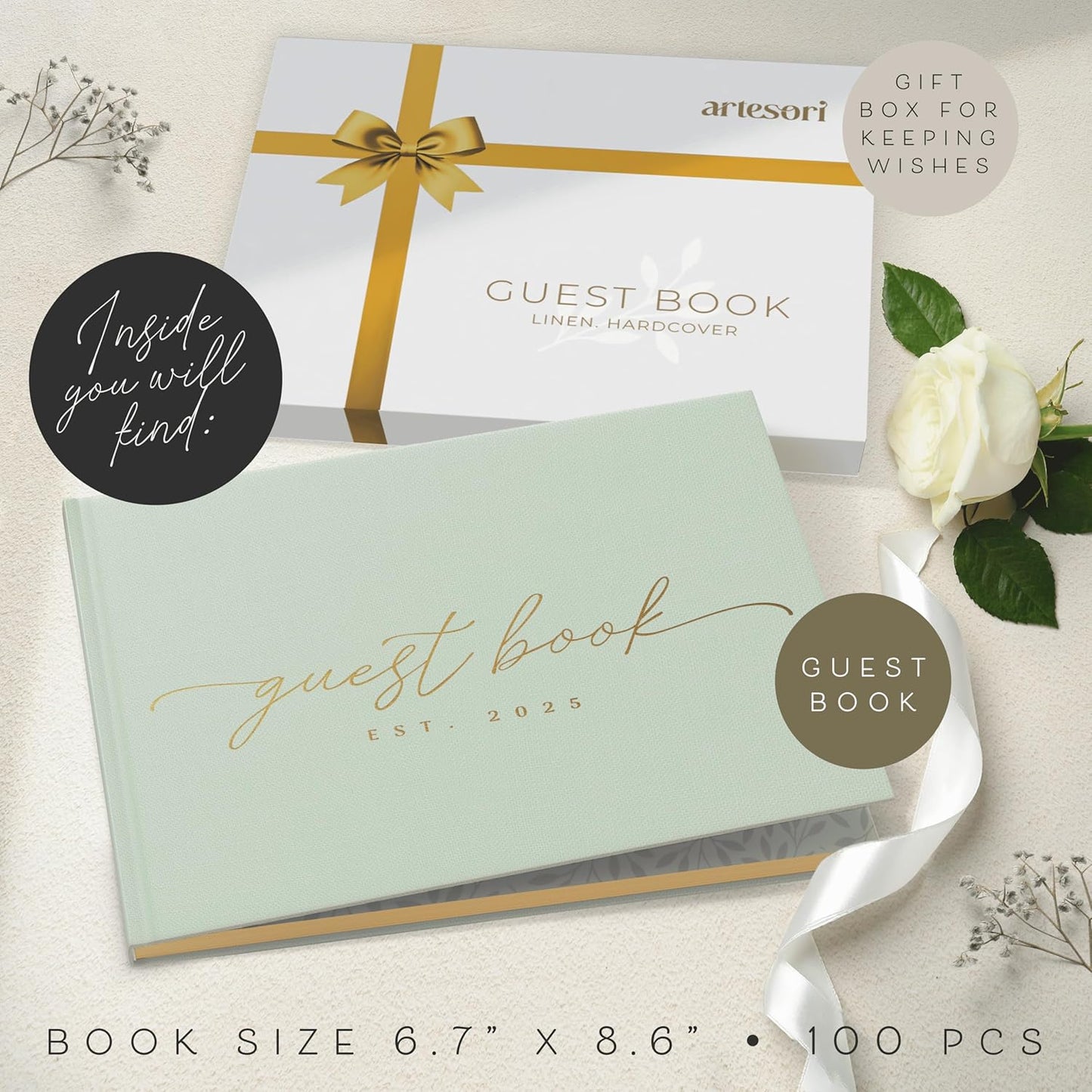 Personalized 2025 Wedding Guest Book for Reception — Guestbook to Sign In, Elegant Baby Shower Guest Book for Party & Birthday — Photo & Polaroid Guest Book for Wedding & Bridal Shower (Mint)