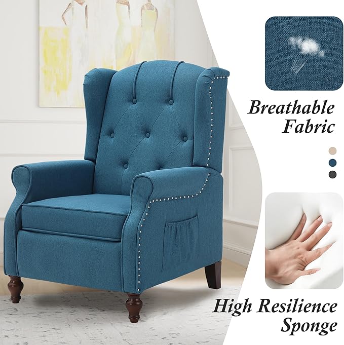 Wingback Recliner with Massage and Heat, Tufted Fabric Push Back Recliner Chair - Image 8