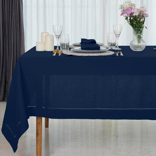 D'Moksha Homes Navy Blue Linen Tablecloth 60 x 108 Inch - 100% Pure Linen Navy Table Cloth for Rectangle Tables - Classic Hemstitch, Machine Washable Tablecloth for Fall, Autumn and Halloween