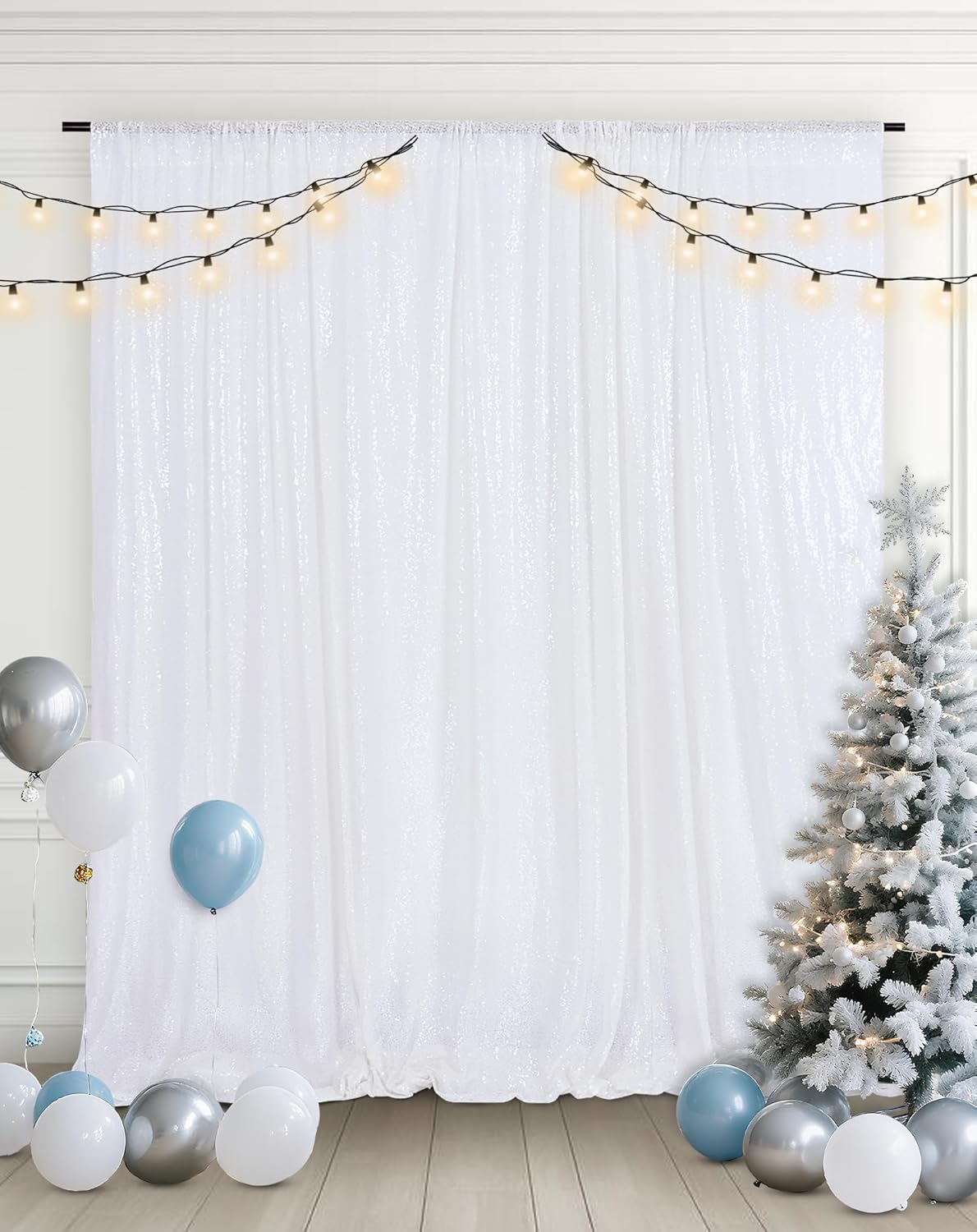 Eternal Beauty White Sequin Backdrop, 8x8 Ft Glitter Background Curtains for Christmas Shimmer Photography Party Wedding Birthday Back Drop Decor