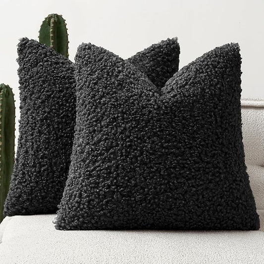 Faux Fur Throw Pillow Covers 18x18 Inch Set of 2 Boucle Neutral Decorative by Woaboy