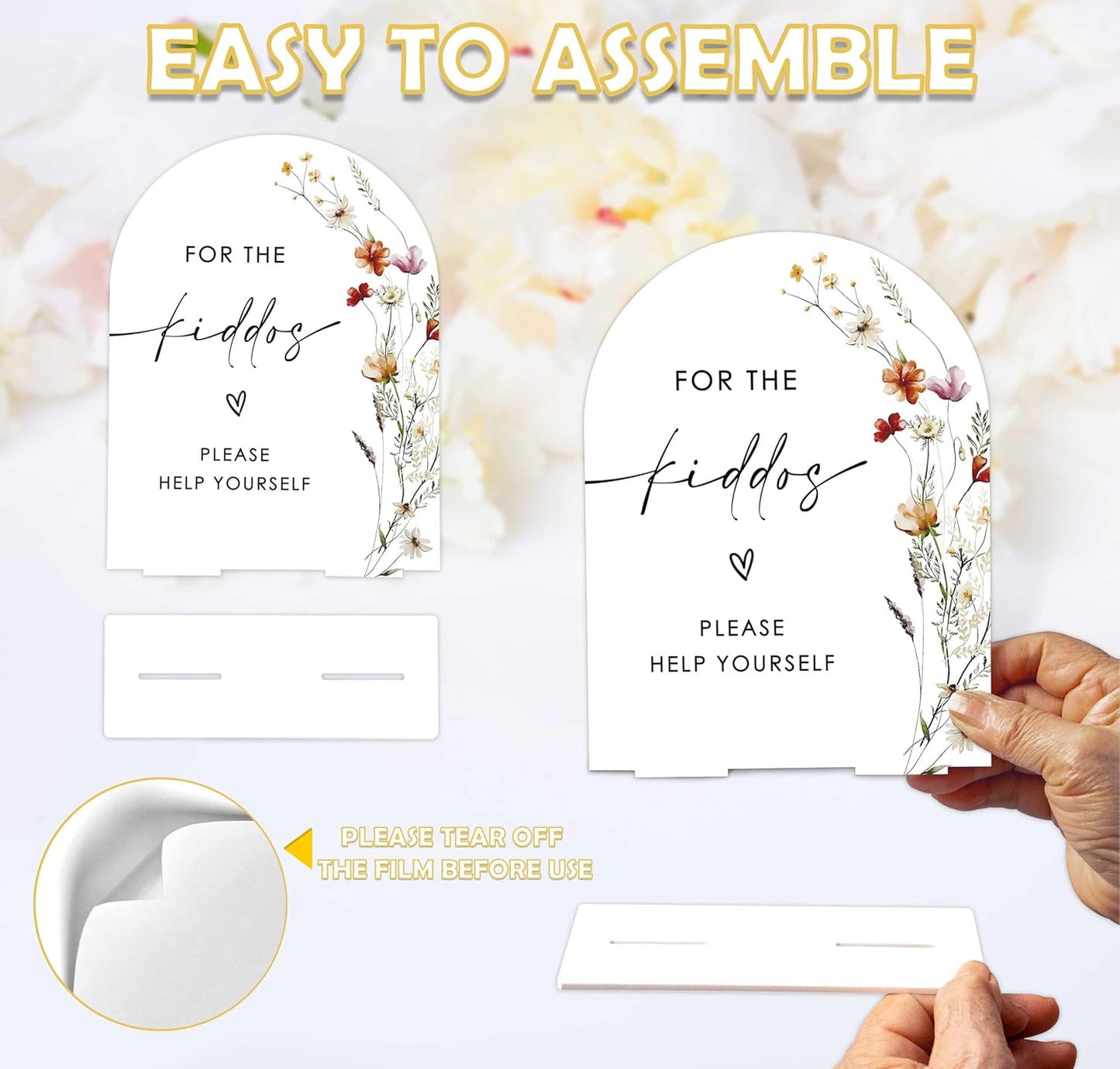 Boho Floral For the Kiddos Favors Sign, 6 x 8 Inch White Arch Acrylic Wedding Sign with Holder, Wedding Sign for Ceremony and Reception, Wedding Decoration, Wedding Supplies - BX27