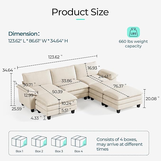 LINSY HOME 123" Modular Sectional Sofa, 3-Seat Corduroy Modern Cloud Couch - Image 2