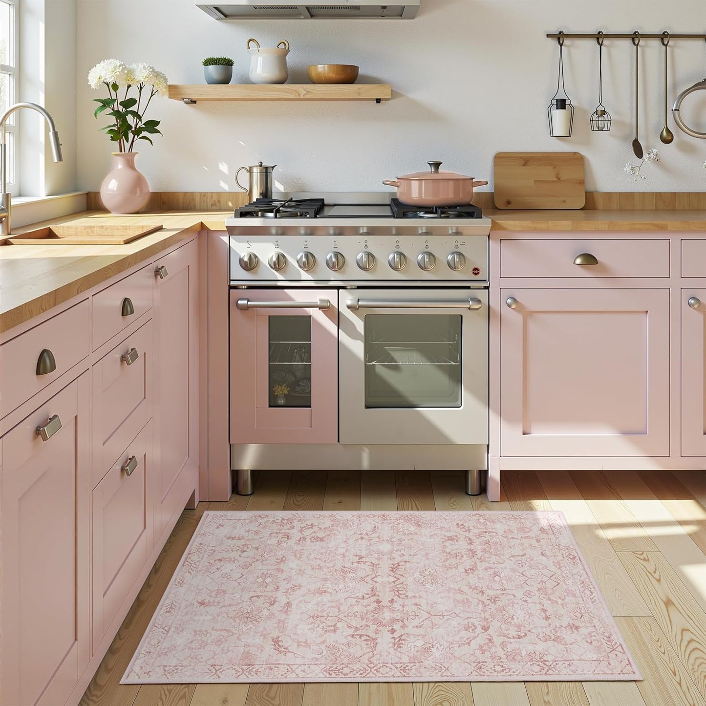 Pink Area Rug 2x3 Entryway Rug for Bedroom Bathroom, Non-Slip Low-Pile Washable Distressed Boho Carpet Retro Accent Doormat for Laundry Room Hallway Kitchen 24x36 Inch