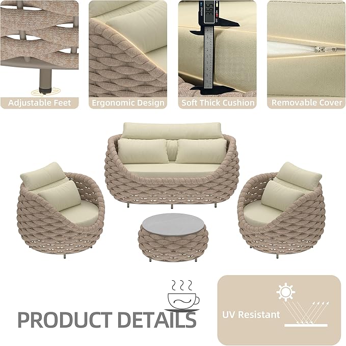 TWT Patio Furniture Sofa Set 4 Pieces Aluminum Outdoor Furniture w/25.6in - Image 5