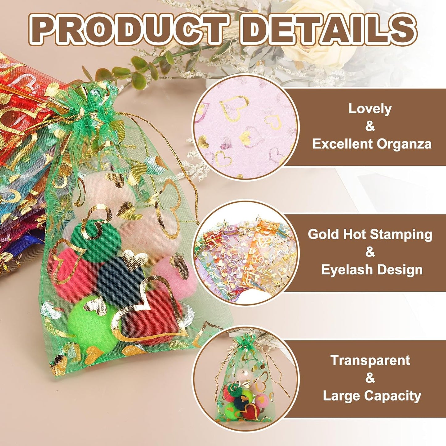 PATIKIL 100 Pcs 4x6 Inch Heart Printed Organza Bags, Orange Sheer Heart Organza Bags with Drawstring for Christmas Candy Jewelry Party Wedding Favor Gift