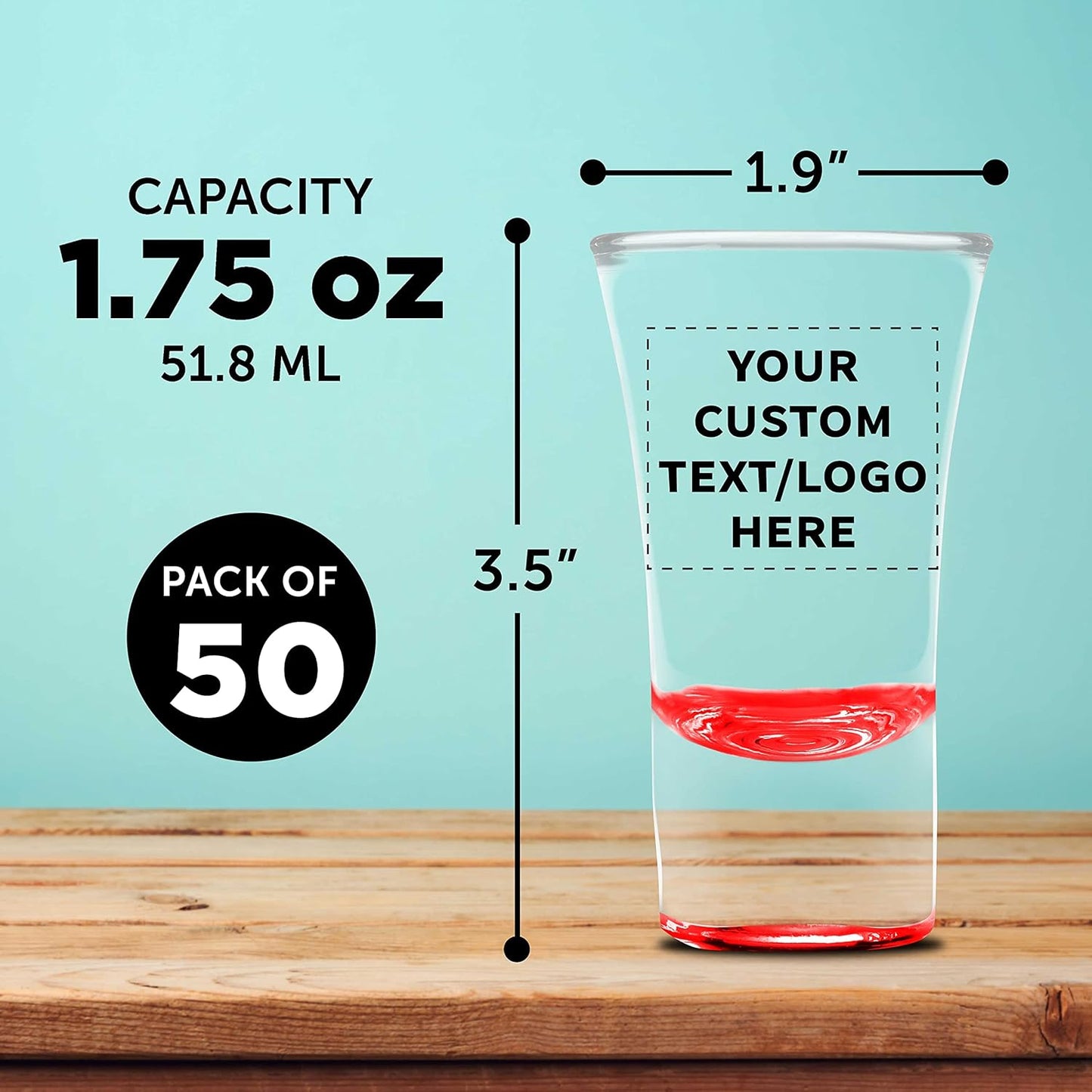 Custom 2 oz. Lord Shooter Etched Shot Glasses, 50 pack, Personalized Text, Logo, 21st Birthday Party, Lounge Glassware, Red