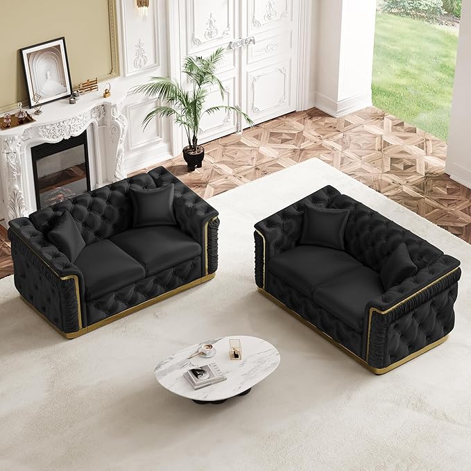 62.2" Luxury Velvet Chesterfield Sofa Tufted Victorian Black and Gold Couch - Image 7
