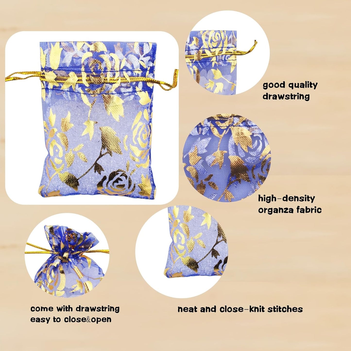 QIANHAILIZZ 100 Pack 2.8 x 3.5 Inch Flower Heart Organza Jewelry Gift Pouch Candy Pouch Drawstring Wedding Favor Bags B511S (royalblue gold flower)