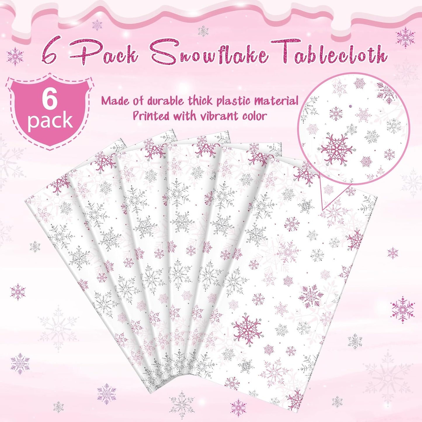 6 Pcs Christmas Snowflake Party Tablecloths Decorations,Plastic Pink Winter Onederland Rectangle Table Cover for Christmas New Year Girls 1st Birthday Baby Shower Holiday Party Decorations,54x108 inch