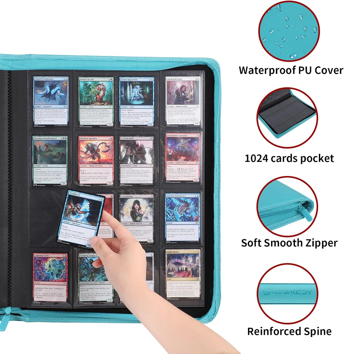 Snekdy premium 1024-pocket trading card binder, 16-pocket cards album, waterproof PU-leather Cover album with side loading, holds gaming, baseball, basketball & sports cards Turquoise