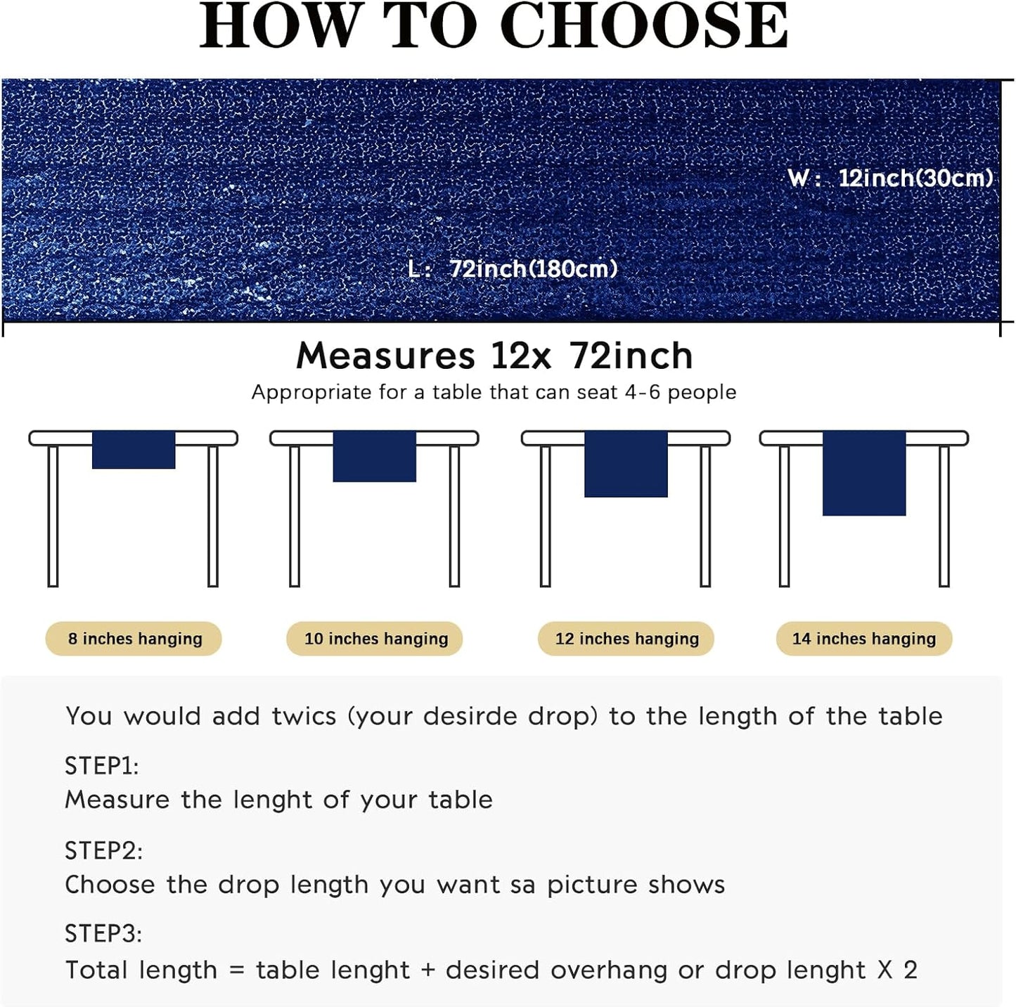 6 Packs 12 x 72 inches Sequin Table Runner, Navy Blue Glitter Table Runner for Birthday Party Supplies Wedding Engagement Baby Shower Holiday Celebration Event Decorations