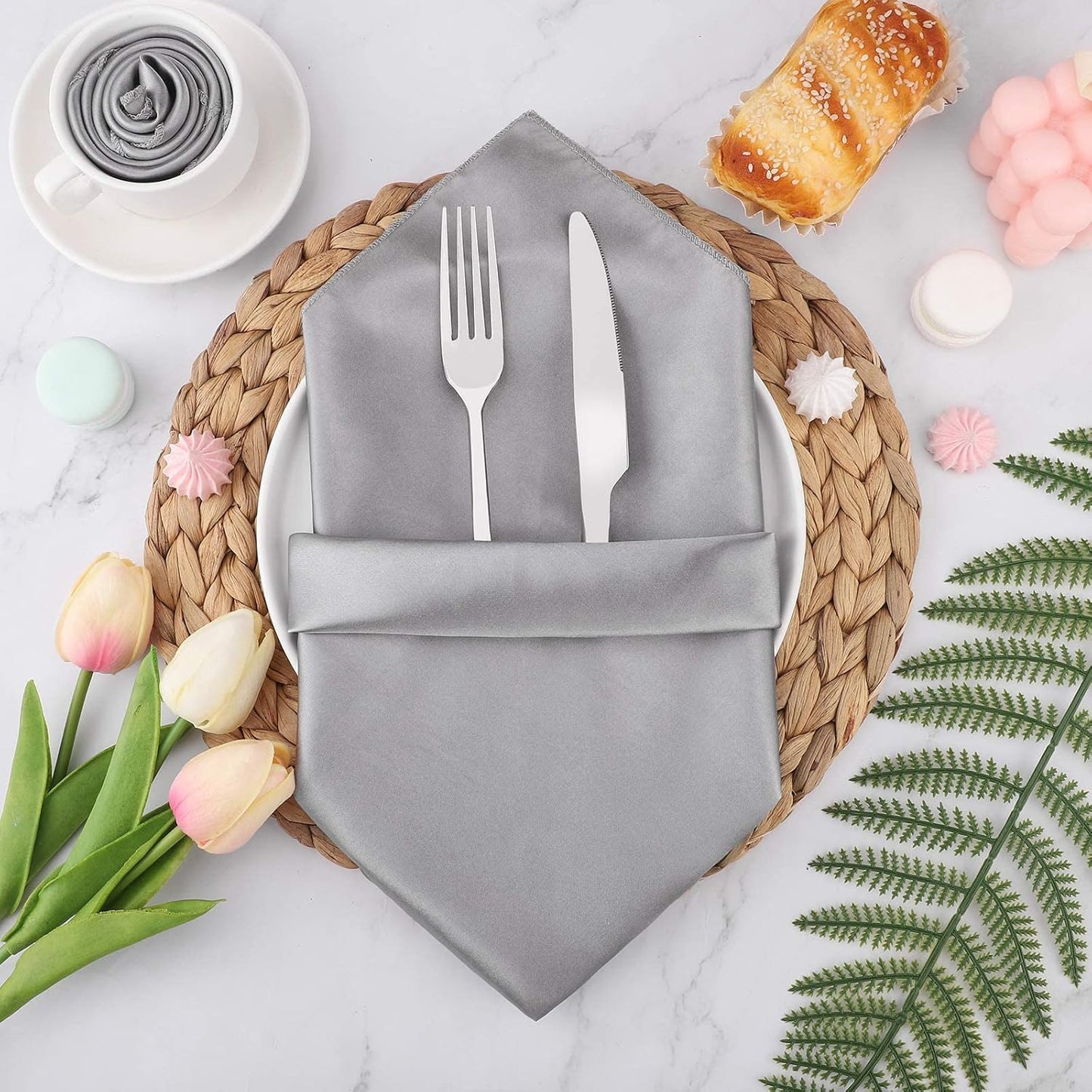 Aneco 24 Pieces Satin Napkin Square 20 x 20 Inches Dinner Napkins Weddings Party Napkin Soft Table Napkins for Romantic Weddings Party Dinner Decoration (Silver)