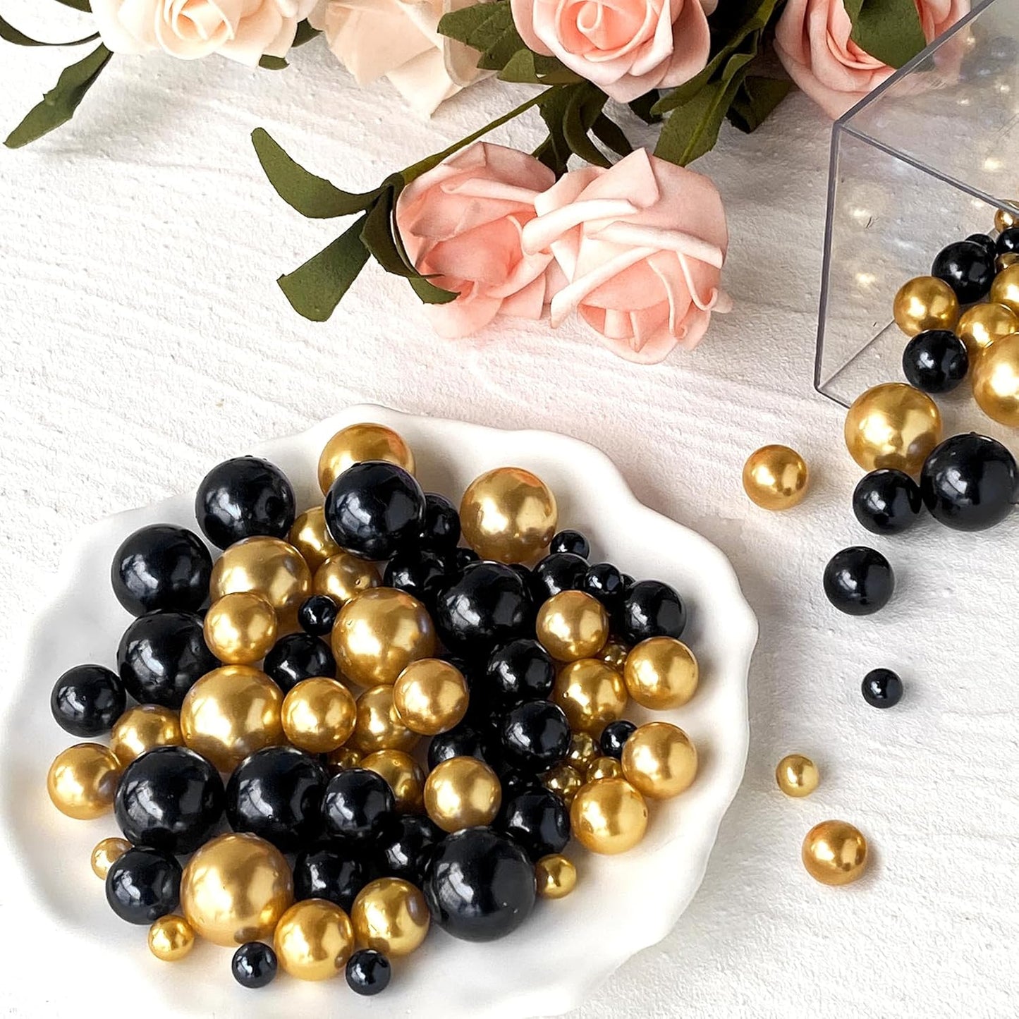 180PCS Black Gold Beads for Centerpieces Vases, No Hole Polished Pearl Makeup Beads Mixed 8/14/20mm Sizes, Pearl Vase Fillers Table Scatters for Party Wedding Decor