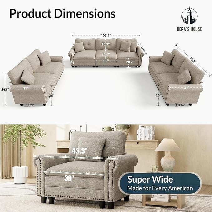 HERA'S HOUSE 3 Pieces Modular Sectional Sofa Sets, Oversized Couch Set - Image 9