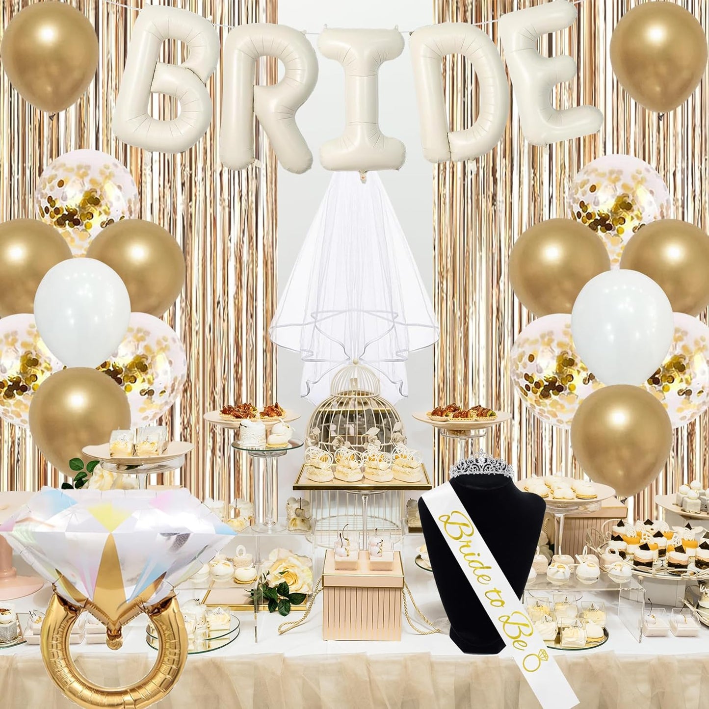 Trgowaul Bride to Be Decorations for Women, Bride to Be Banner, Bridal Shower Tiara, Sash&Veil, Fringe Curtains, Champagne Gold Bachelorette Bridal Shower Fecorations Party Supplies