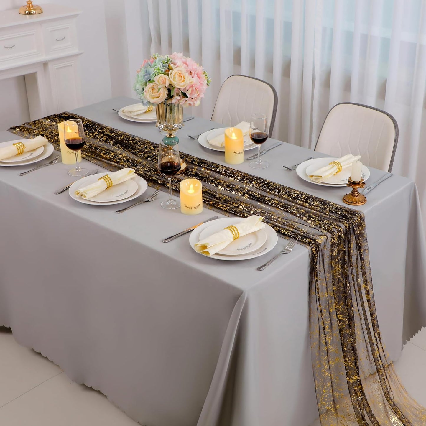 Snowkingdom 10 Pcs Black & Gold Cheesecloth Table Runner 10 FT, Sheer Chiffon Sparkle Gauze Mesh Runners 120 Inch, Glitter Table Centerpieces Decoration for Birthday Party Wedding Christmas Halloween