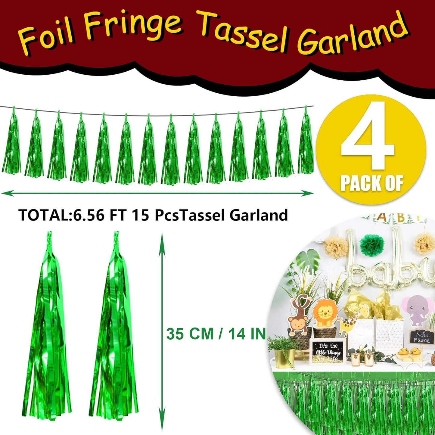 4P Green Foil Fringe Tassel Banner Garland Metallic Tinsel Streamers Wall Hanging Curtain Backdrop Banner for Parade Floats, 2024 Graduation Decorations, Father's Day Party Decoration