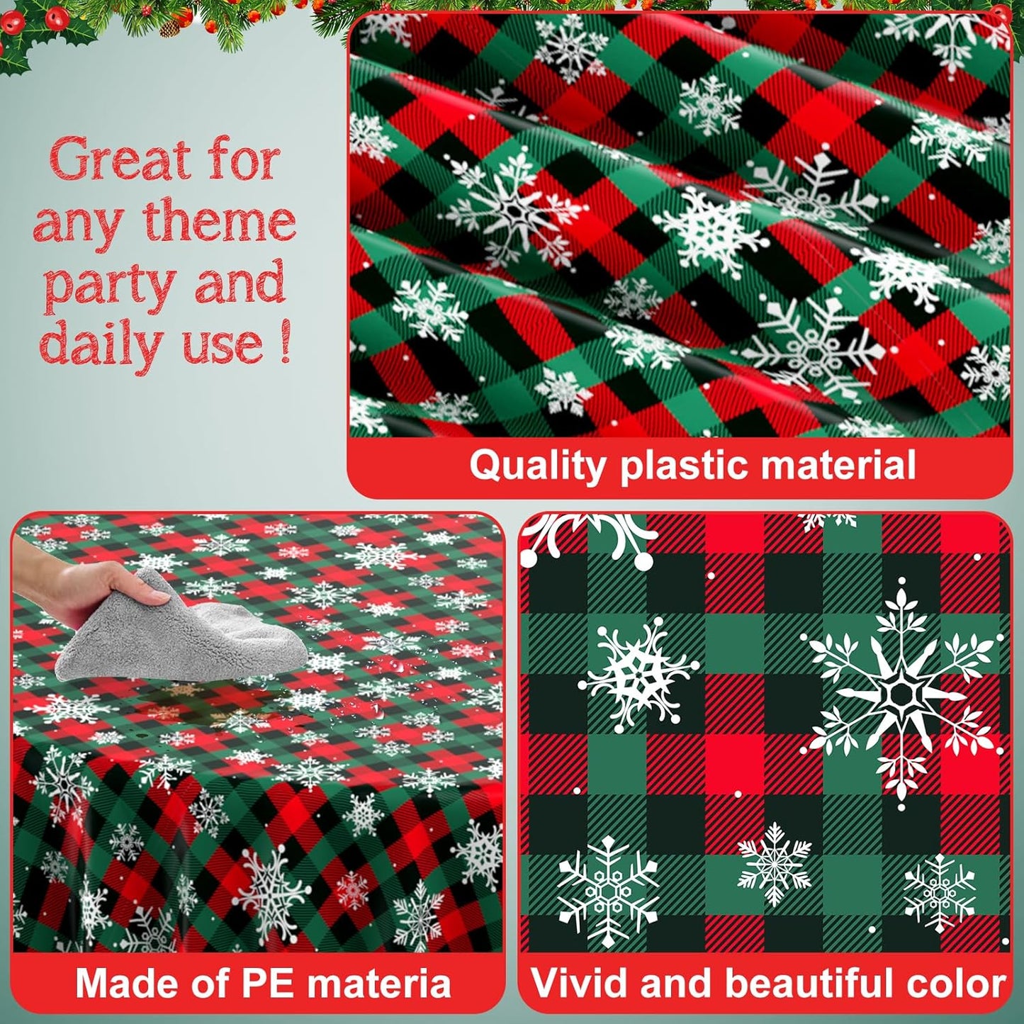12Pcs Christmas Buffalo Plaid Snowflake Party Tablecloths Decorations,Plastic Red and Green Checkered Round Table Cover for Winter Christmas New Year Birthday Holiday Party Decorations,84 inch
