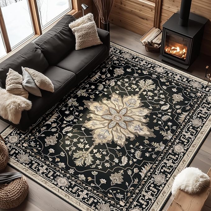 RELEANY Area Rugs 6'x9' Washable Non-Slip, Floral Vintage Distress Print by RELEANY