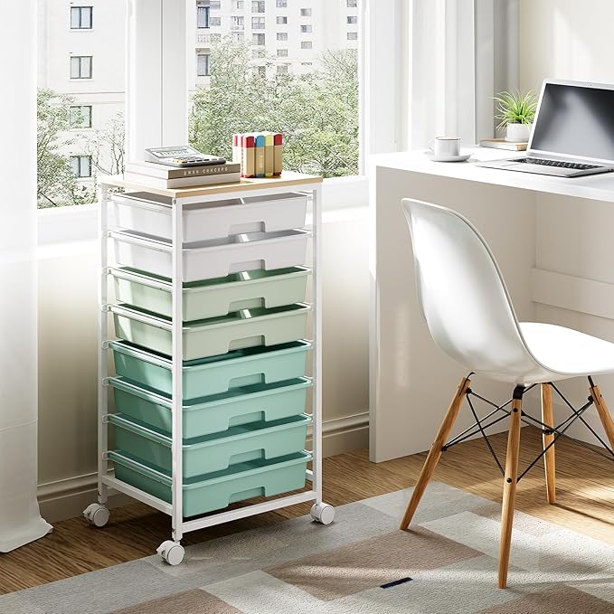 Storage Cart with 8 Drawers, Utility Cart with White Drawers and Wooden Tabletop - Image 7