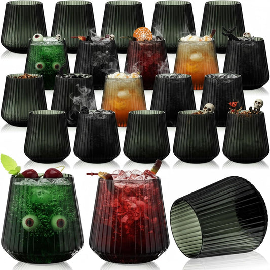 Suclain Plastic Wine Glasses Ribbed Stemless Wine Glasses 14oz Vertical Design Unbreakable Cups for Outdoor Indoor Vintage Elegant Champagne Whiskey Cups for Party Wedding(Black,50 Pcs)