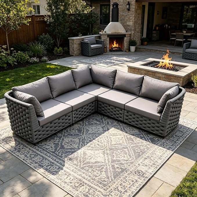 TWT Dark Gray 5-Piece Modular Outdoor Sofa, 5-Seater Free Combination Sectional - Image 6