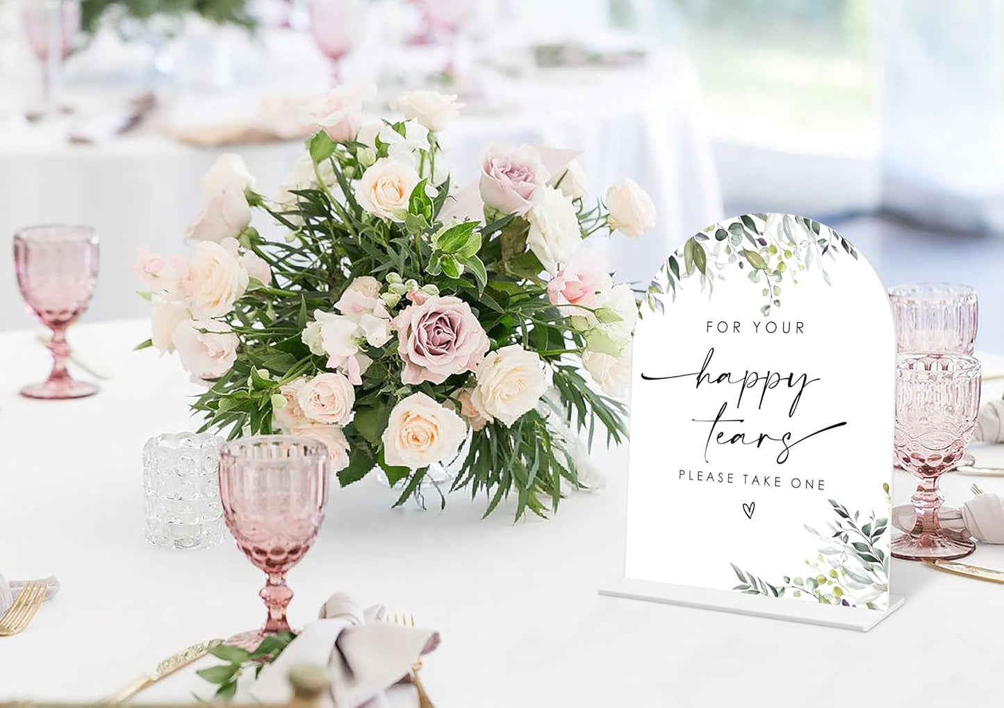 Greenery Happy Tears Tissue Sign, 6 x 8 Inch White Arch Acrylic Wedding Sign with Holder, Wedding Sign for Ceremony and Reception, Wedding Decoration, Wedding Supplies - LY25