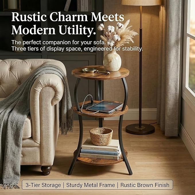 Small Round Side Table with Charging Station, 3-Tier Waist Circular End Table - Image 8